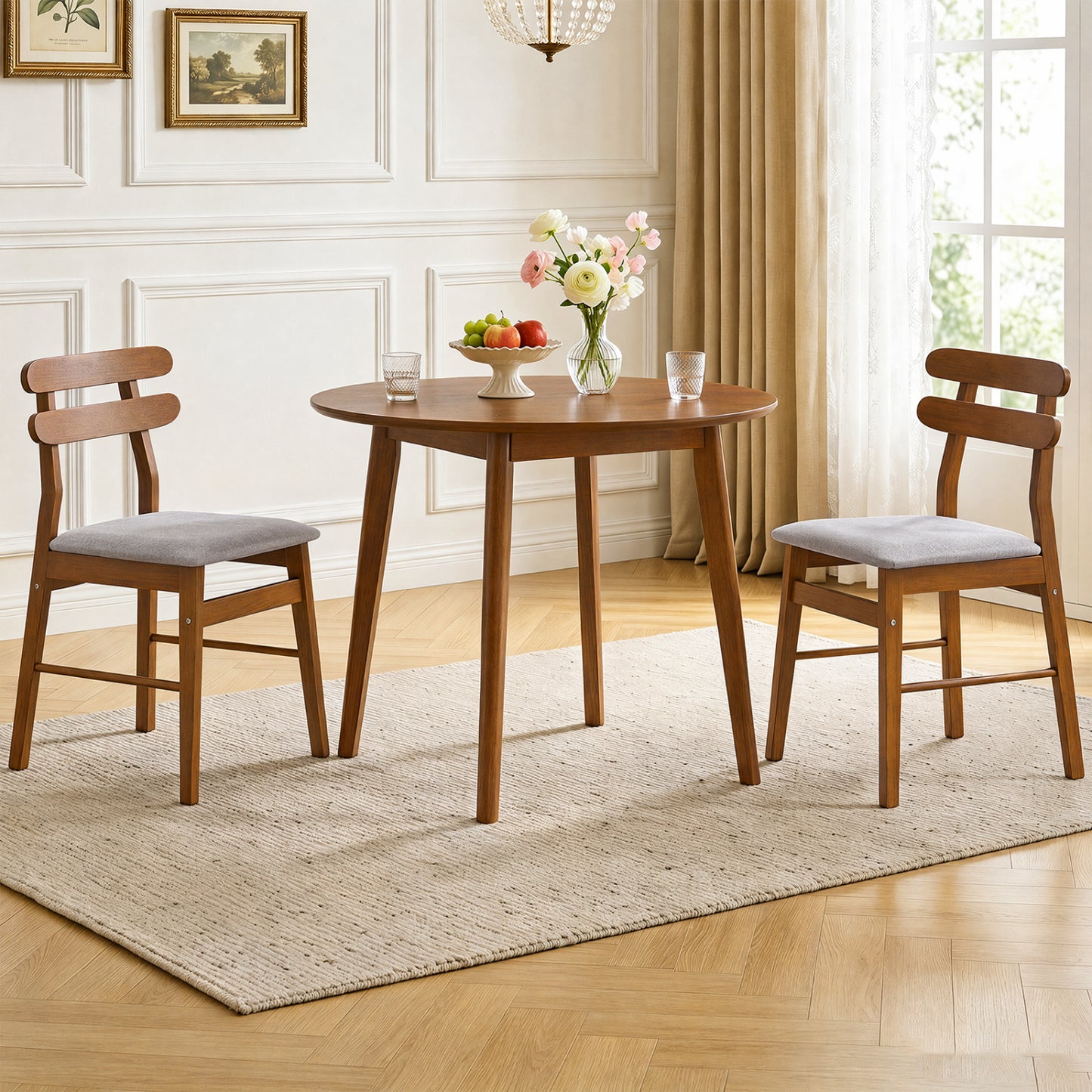 Set of 2 Upholstered Dining Chairs with Padded Seat and Solid Wood Legs-Natural