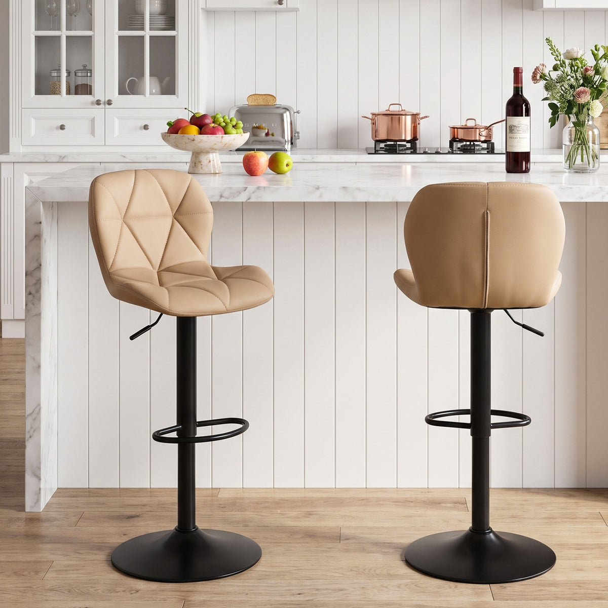 Set of 2 Upholstered Swivel Bar Stools with Adjustable Height and Curved Backs-Black