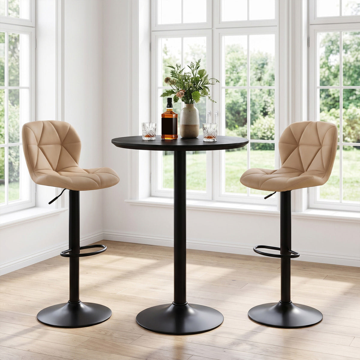 Set of 2 Upholstered Swivel Bar Stools with Adjustable Height and Curved Backs-Black