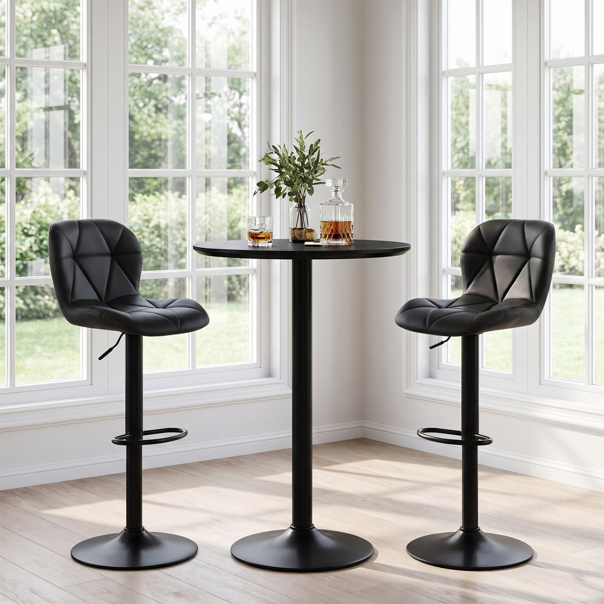 Set of 2 Upholstered Swivel Bar Stools with Adjustable Height and Curved Backs-Black