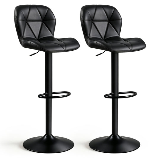 Set of 2 Upholstered Swivel Bar Stools with Adjustable Height and Curved Backs-Black
