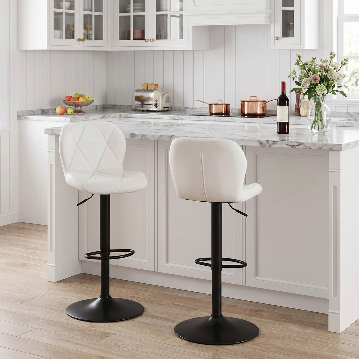 Set of 2 Upholstered Swivel Bar Stools with Adjustable Height and Curved Backs-Black