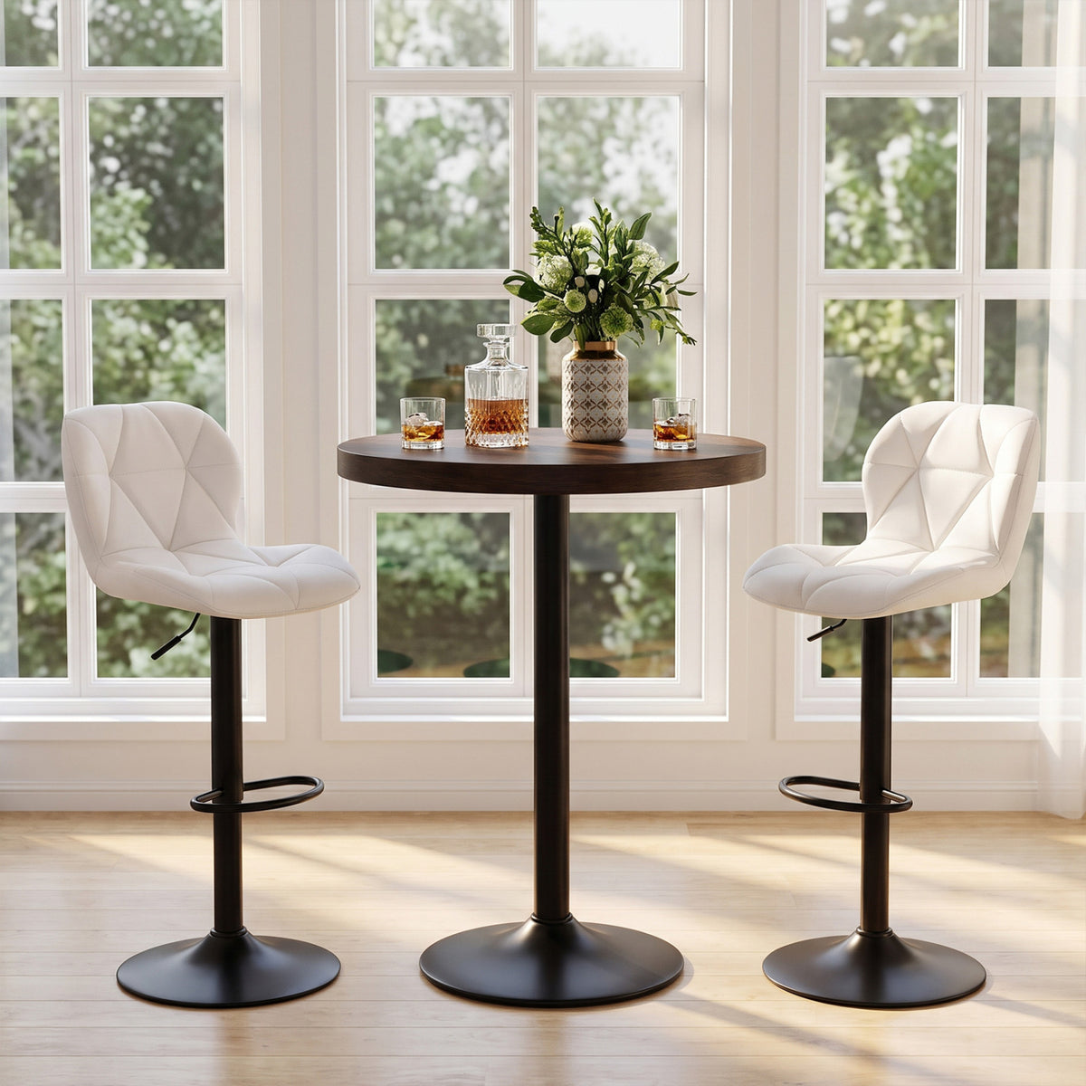 Set of 2 Upholstered Swivel Bar Stools with Adjustable Height and Curved Backs-Black