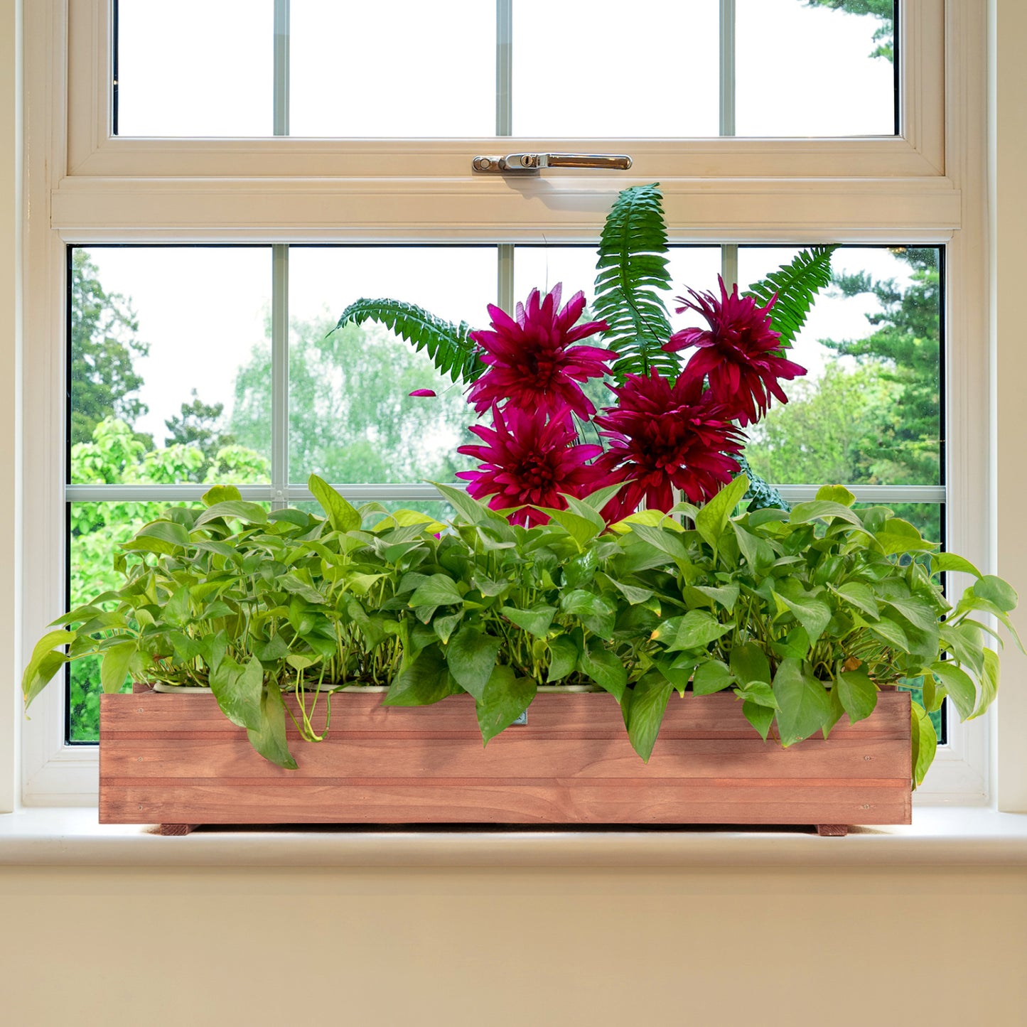 Set of two brown wooden decorative raised garden beds for yard or window garden, outdoor garden and landscaping decor