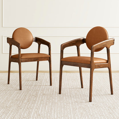 Set of 2 Wooden Dining Chair PU Leather Upholstered Armchairs-Brown