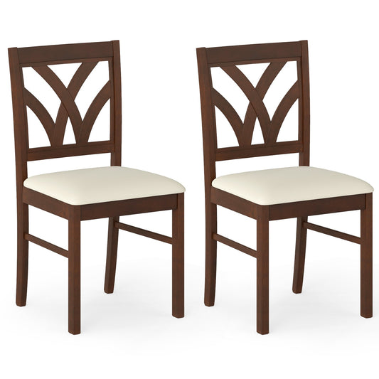 Set of 2 Wooden Dining Chairs Upholstered with Hollowed Backrest and Soft Padded Seat-Brown