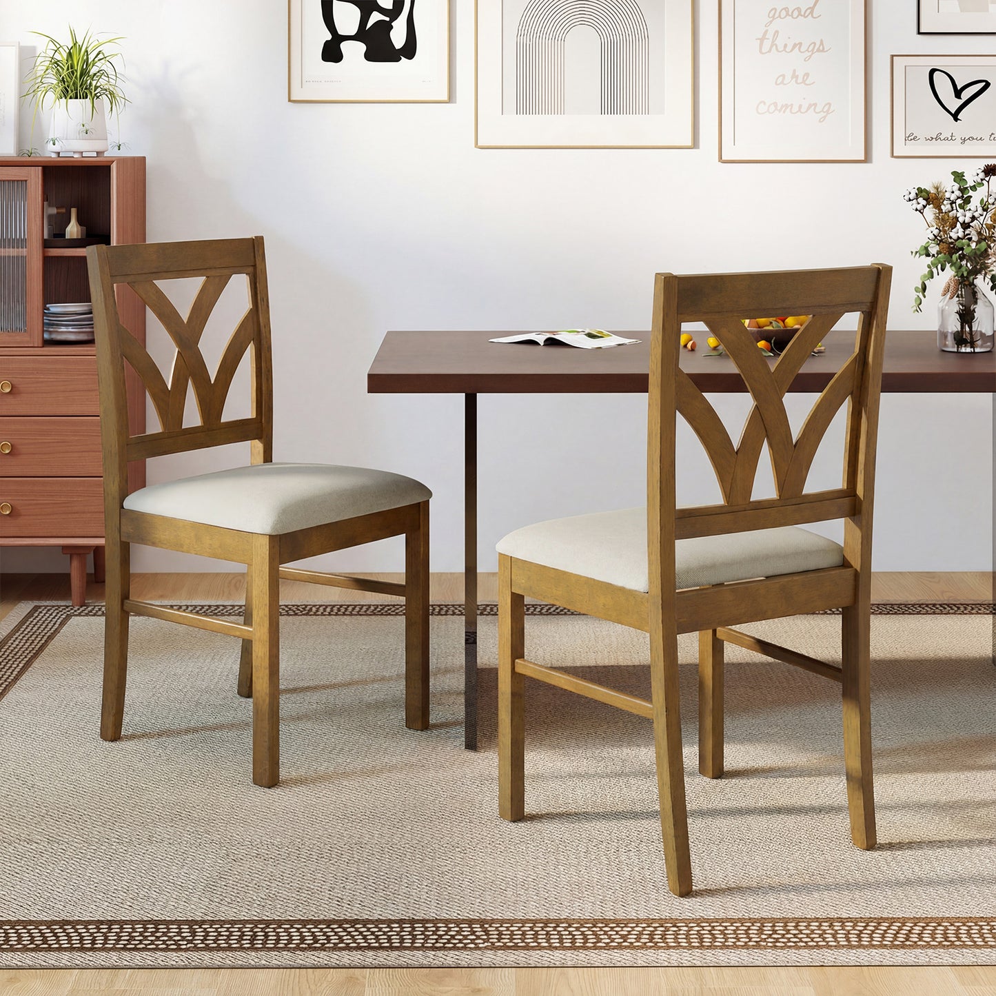 Set of 2 Wooden Dining Chairs Upholstered with Hollowed Backrest and Soft Padded Seat-Brown