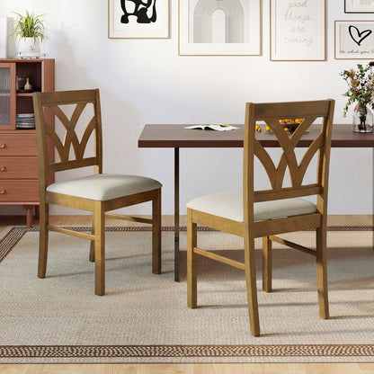 Set of 2 Wooden Dining Chairs Upholstered with Hollowed Backrest and Soft Padded Seat-Brown