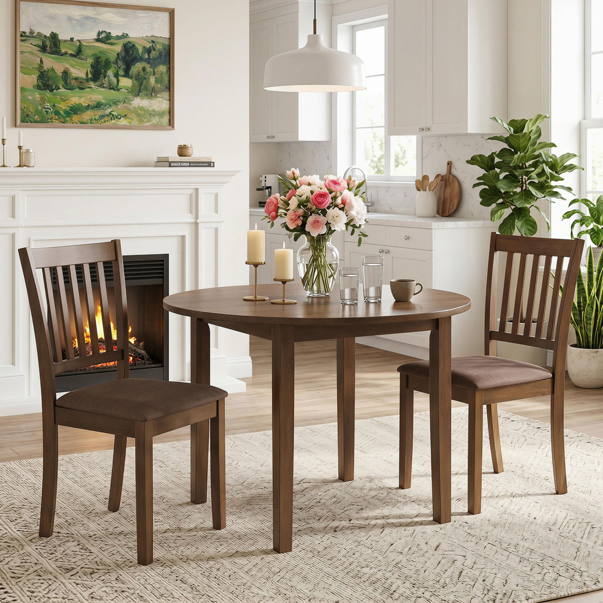 Set of 2 black wooden dining chairs with upholstered seats and rubber wood frames, ideal for kitchen and dining areas.