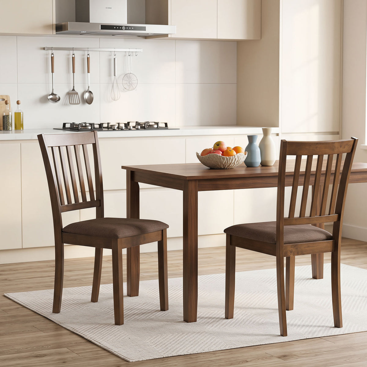 Set of 2 black wooden dining chairs with upholstered seats and rubber wood frames, perfect for kitchen or dining room.