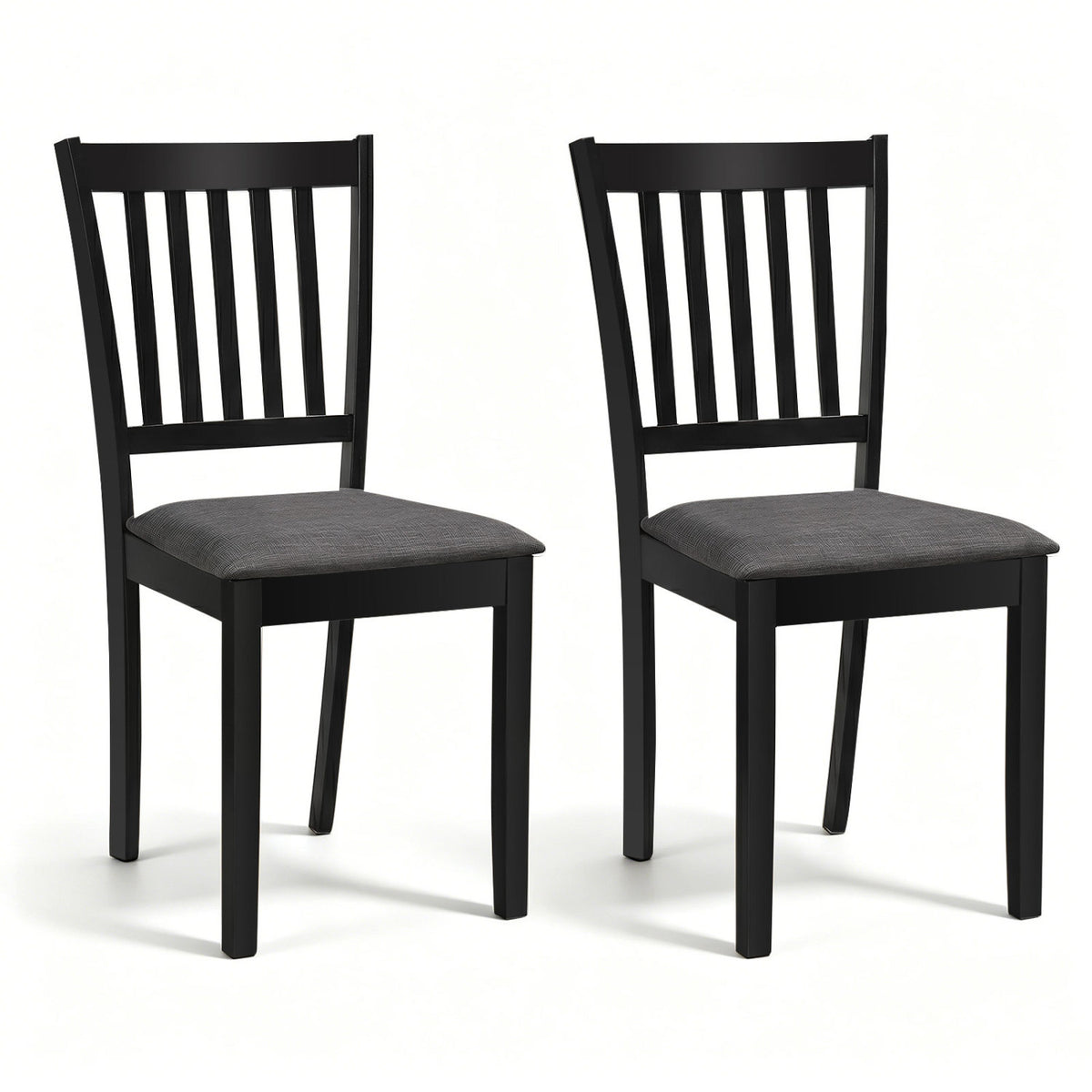 Set of 2 black wooden dining chairs with upholstered seats and rubber wood frames, ideal for kitchen and dining room.