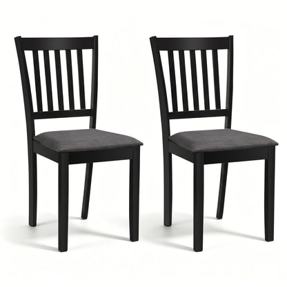 Set of 2 black wooden dining chairs with upholstered seats and rubber wood frames, ideal for kitchen and dining room.