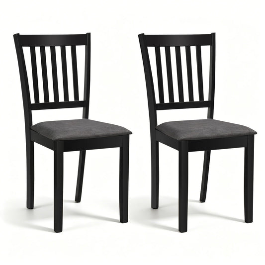 Set of 2 black wooden dining chairs with upholstered seats and rubber wood frames, ideal for kitchen and dining room.