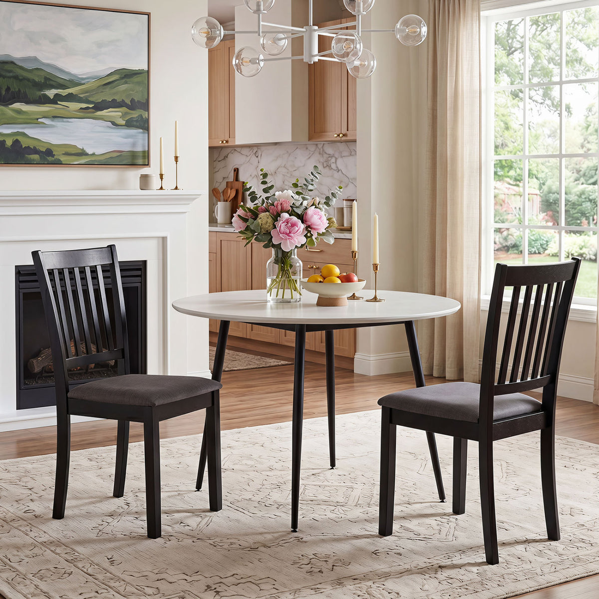 Set of 2 black wooden dining chairs with upholstered seats and rubber wood frames, ideal for kitchen and dining room use.