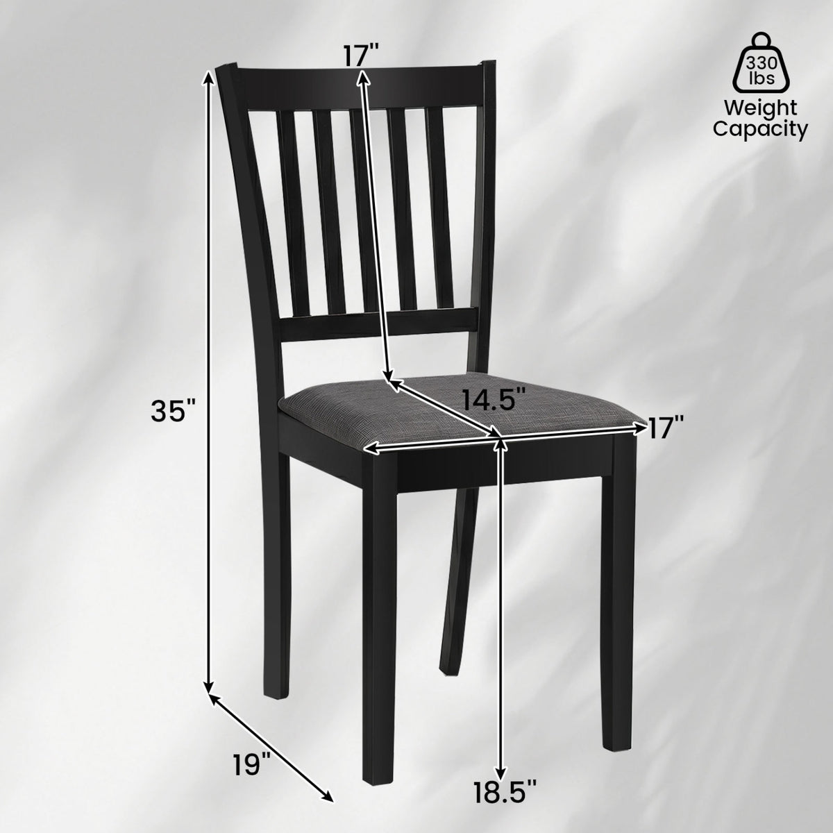 Set of 2 black wooden dining chairs with upholstered seats and rubber wood frames, designed for kitchen and dining room use.
