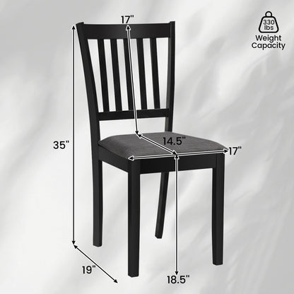 Set of 2 black wooden dining chairs with upholstered seats and rubber wood frames, designed for kitchen and dining room use.