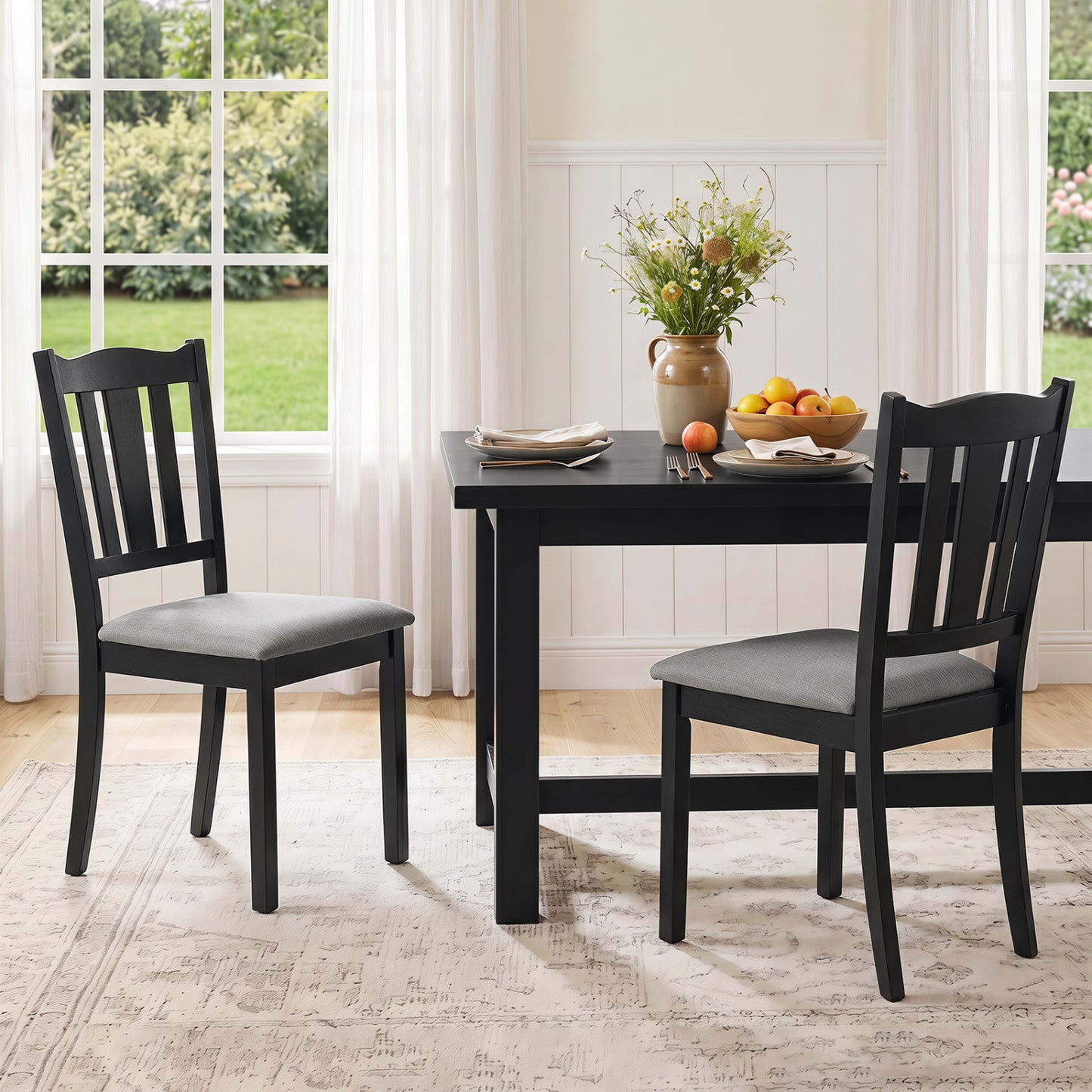 Set of 2 Wooden Dining Chair with Hollow Back and Soft-padded Cushion-Black