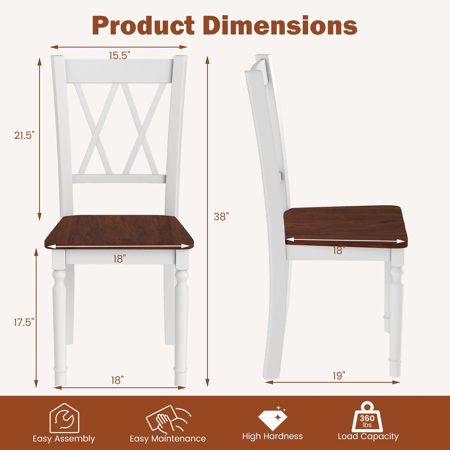 Set of 4 Wooden Farmhouse Kitchen Chairs with Rubber Wood Seat