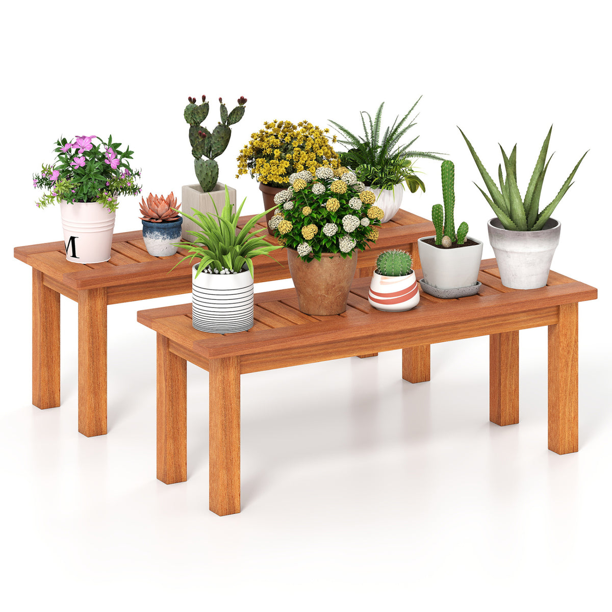Set of 2 Wooden Plant Stand Outdoor Indoor Solid Wood Flower Pot Holder Display Shelf-S