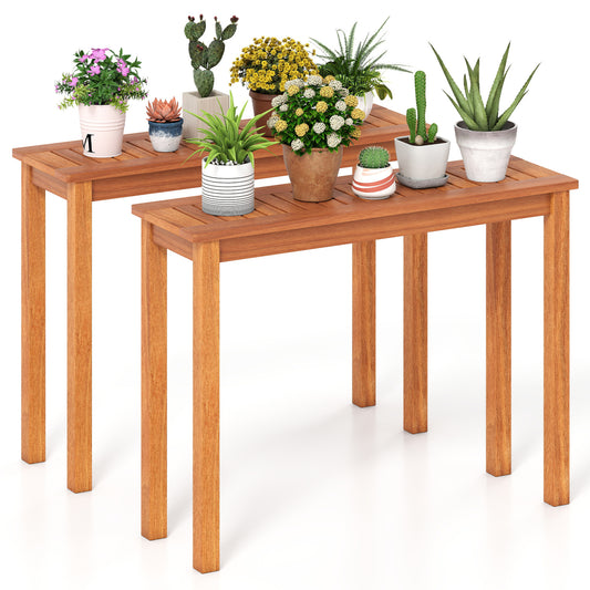 Set of 2 wooden outdoor plant stands by Wilsons Home Store for displaying flower pots indoors or in the garden.