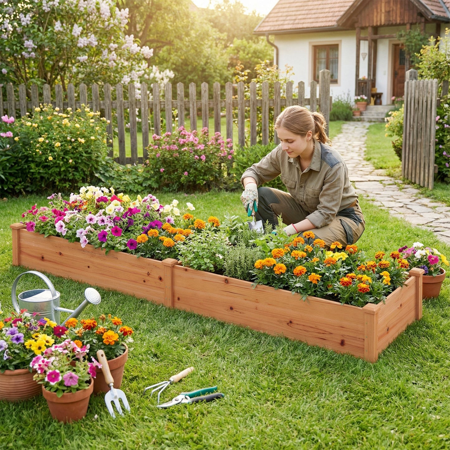 Set of 2 Wooden Vegetable Raised Garden Bed for Backyard-Brown