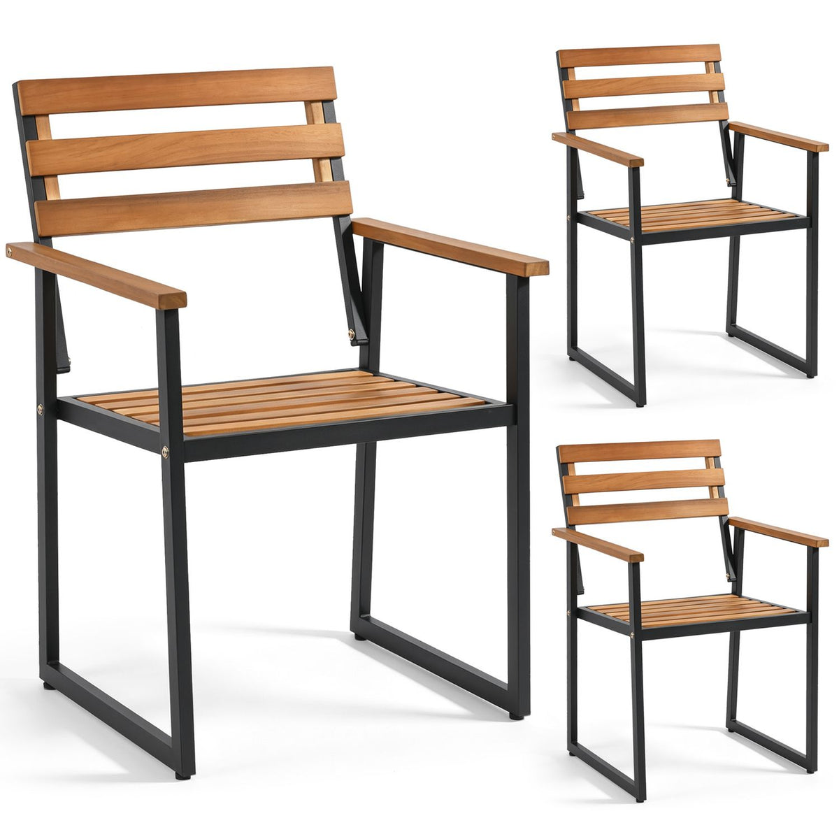 Set of two acacia wood outdoor dining chairs with heavy-duty metal frames for patio seating, ideal for outdoor dining spaces.