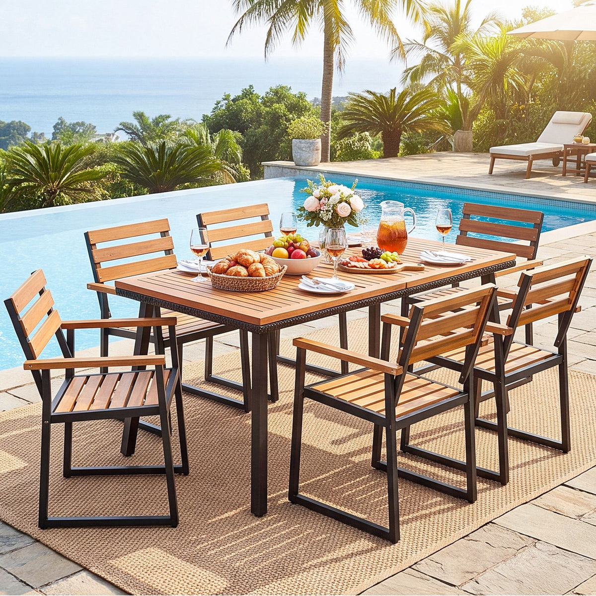 Set of two acacia wood outdoor dining chairs with heavy-duty metal frames, ideal for patio dining and outdoor seating.