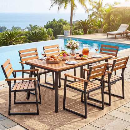 Set of two acacia wood outdoor dining chairs with heavy-duty metal frames, ideal for patio dining and outdoor seating.
