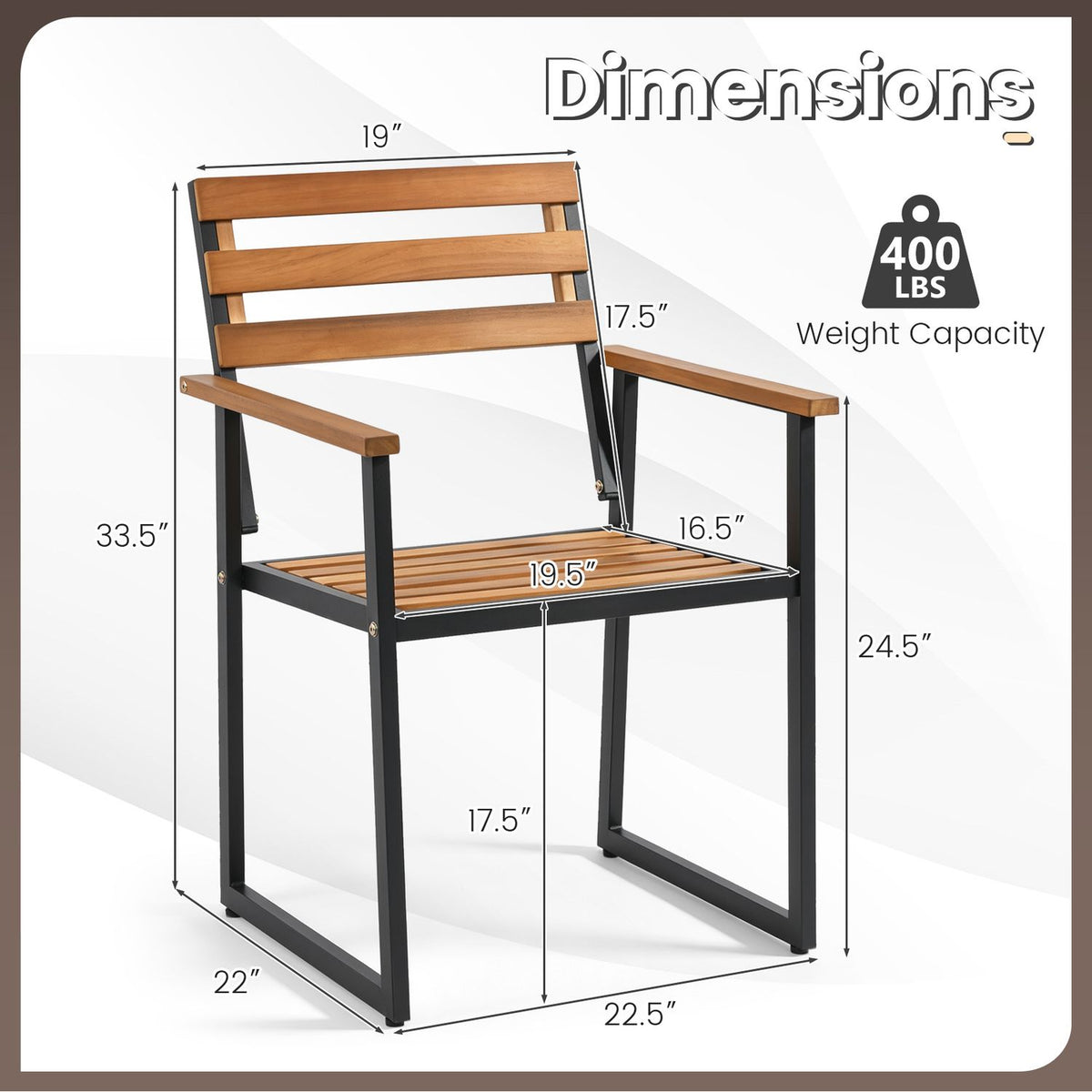 Set of two Acacia wood outdoor dining chairs with heavy-duty metal frames, perfect for patio seating and outdoor dining.