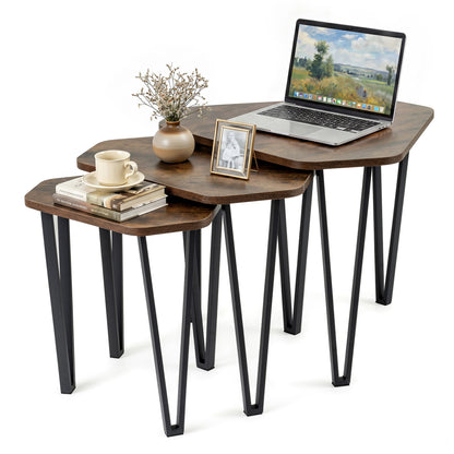 Set of 3 Nesting Coffee Tables with Engineered Wood Top and Metal Frame for Living Room-Rustic Brown