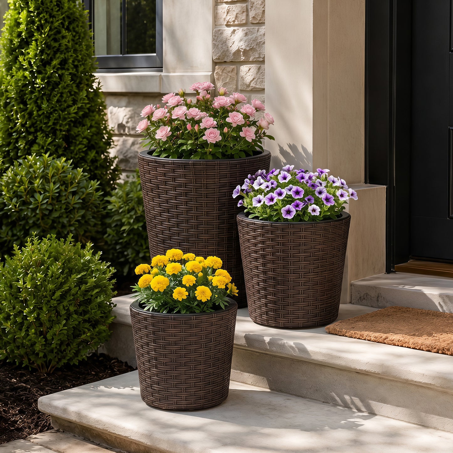 Set of three brown plastic planters with drainage holes and saucers for outdoor porch and garden gardening.