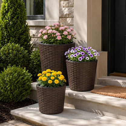 Set of three brown plastic planters with drainage holes and saucers for outdoor porch and garden gardening.