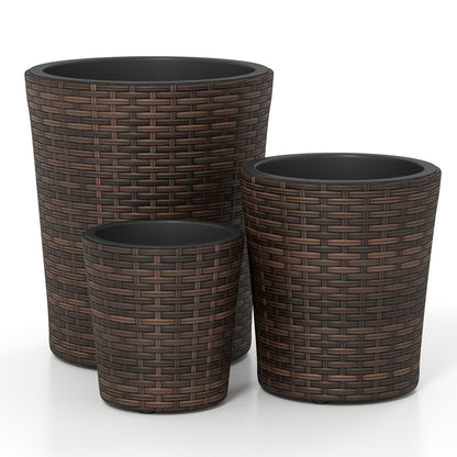 Set of 3 brown plastic planters with drainage holes and saucers for outdoor porch and garden use.