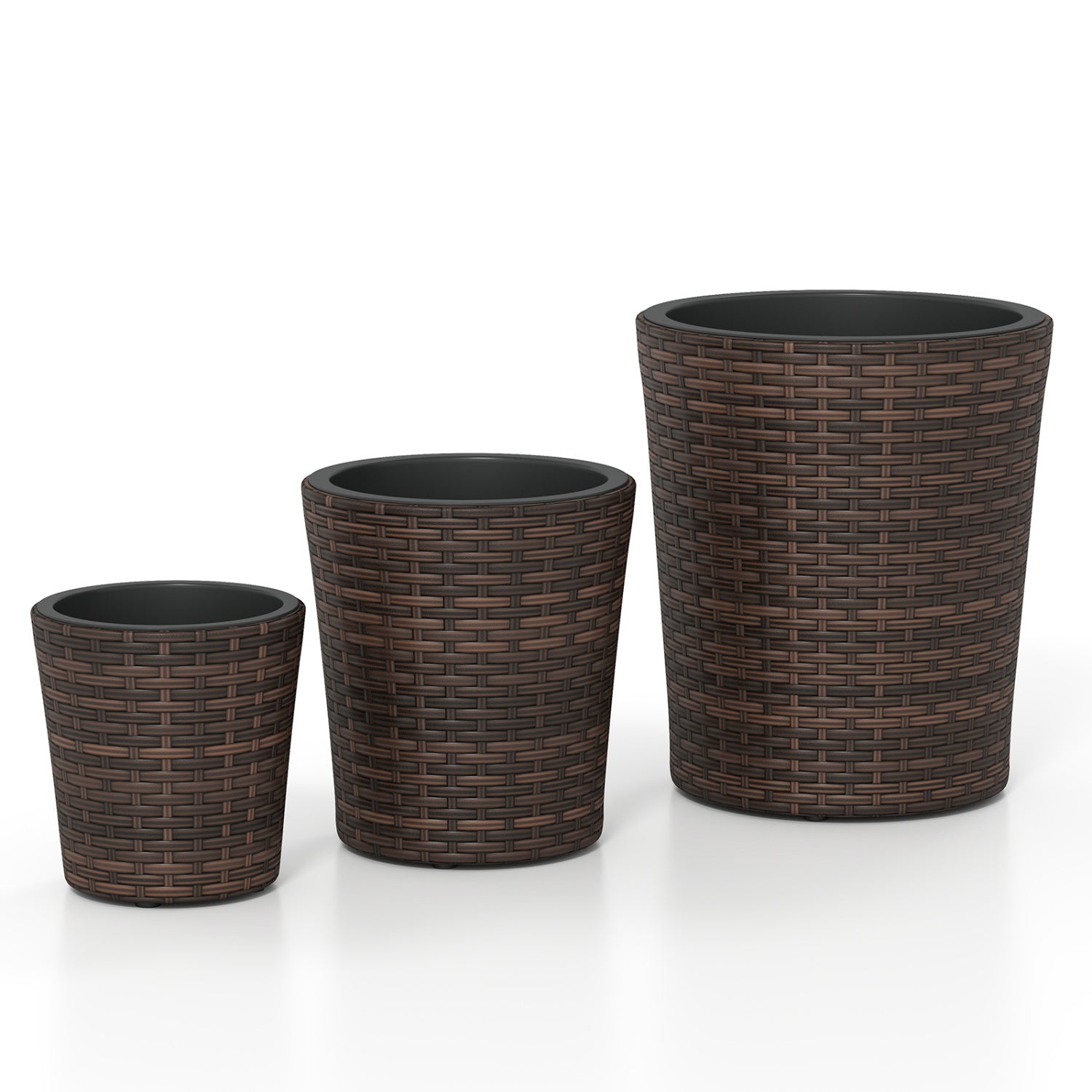 Set of 3 brown plastic planters with drainage holes and saucers for outdoor porch and garden use.