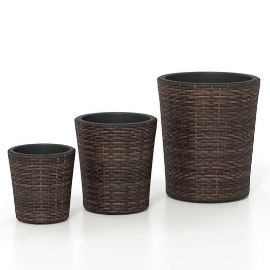 Set of 3 brown plastic planters with drainage holes and saucers for outdoor porch and garden use.