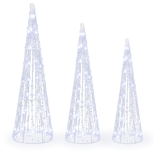 Set of 3 pre-lit Christmas cone trees with star string lights, cold white holiday decor for festive Christmas decorating.