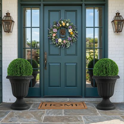 Set of 4 18-inch black vintage outdoor planters with pedestal bases and pre-marked drain holes, ideal for raised garden beds.