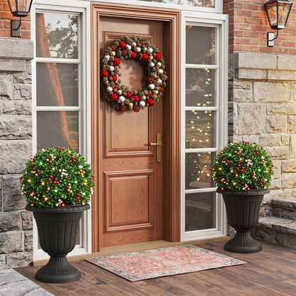 Set of four 18-inch tall vintage black planters with pedestal bases and pre-marked drain holes for outdoor garden use.