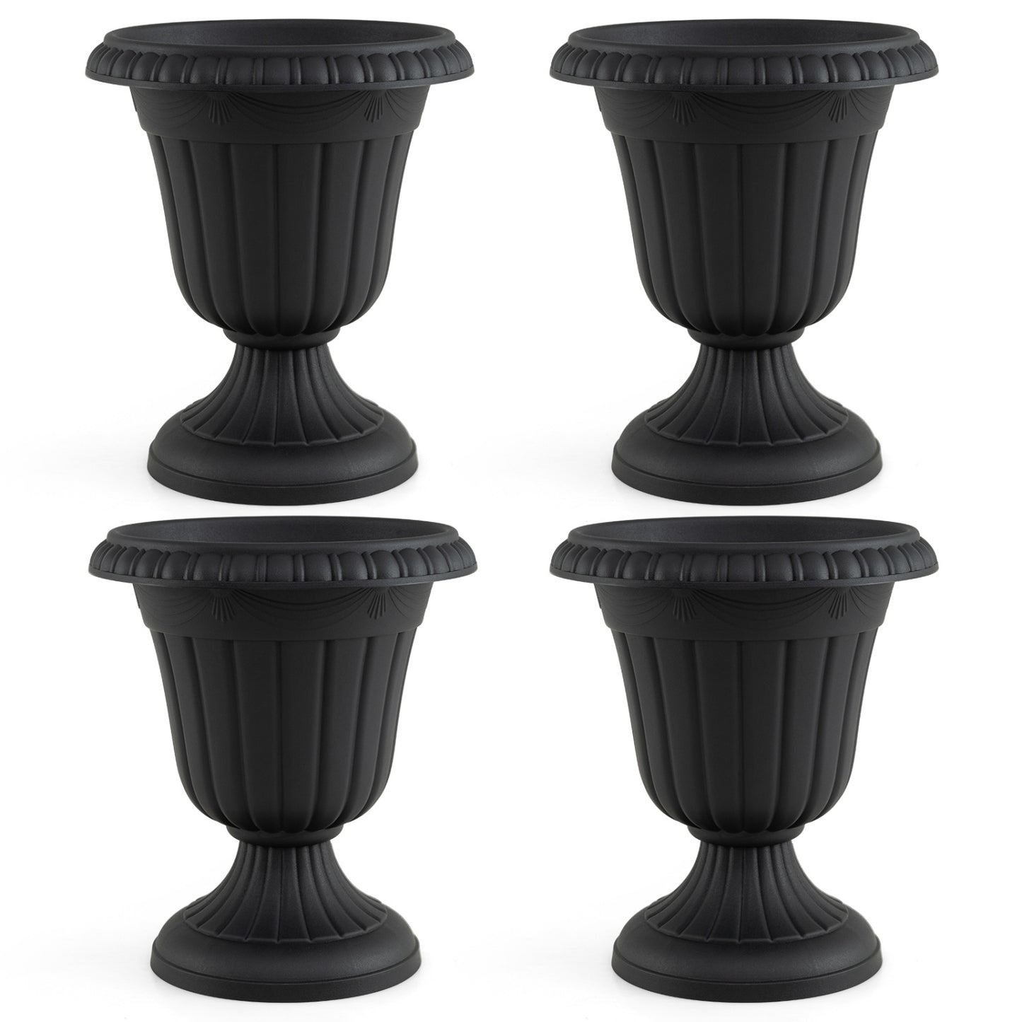 Set of four 18-inch black vintage planters with pedestal bases and pre-marked drain holes for outdoor garden use.