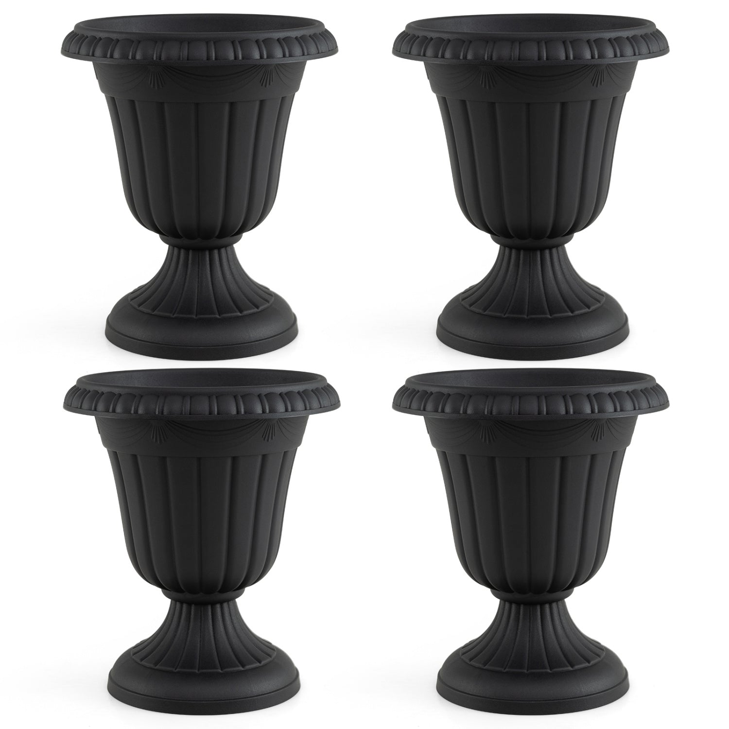 Set of four 18-inch black vintage planters with pedestal bases and pre-marked drain holes for outdoor garden use.