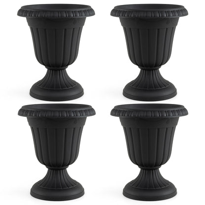Set of four 18-inch black vintage planters with pedestal bases and pre-marked drain holes for outdoor garden use.