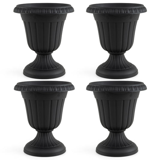 Set of four 18-inch black vintage planters with pedestal bases and pre-marked drain holes for outdoor garden use.