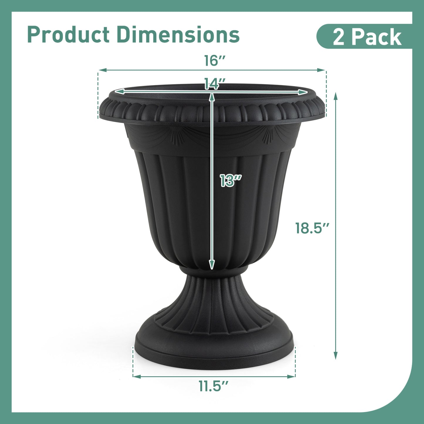 Set of four 18-inch black vintage outdoor planters with pedestal bases and pre-marked drain holes for raised garden beds.