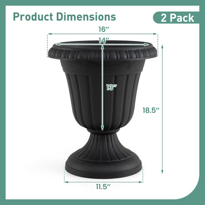 Set of four 18-inch black vintage outdoor planters with pedestal bases and pre-marked drain holes for raised garden beds.