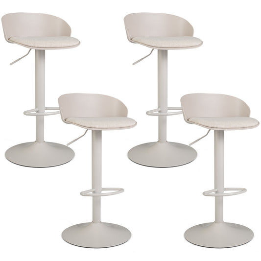 Set of 4 cream adjustable swivel bar stools with backrests and footrests, sturdy up to 330 lbs for kitchen or dining area.
