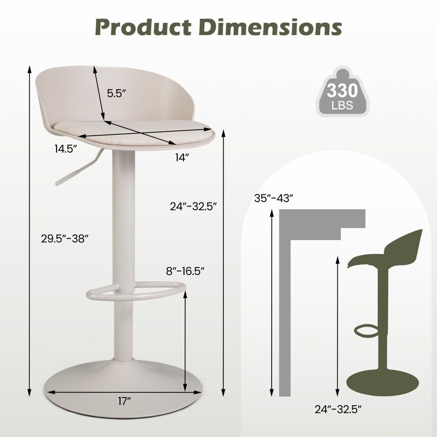 Set of 4 Adjustable Swivel Bar Stools w/ Back & Footrest 330 LBS for Dining-Cream