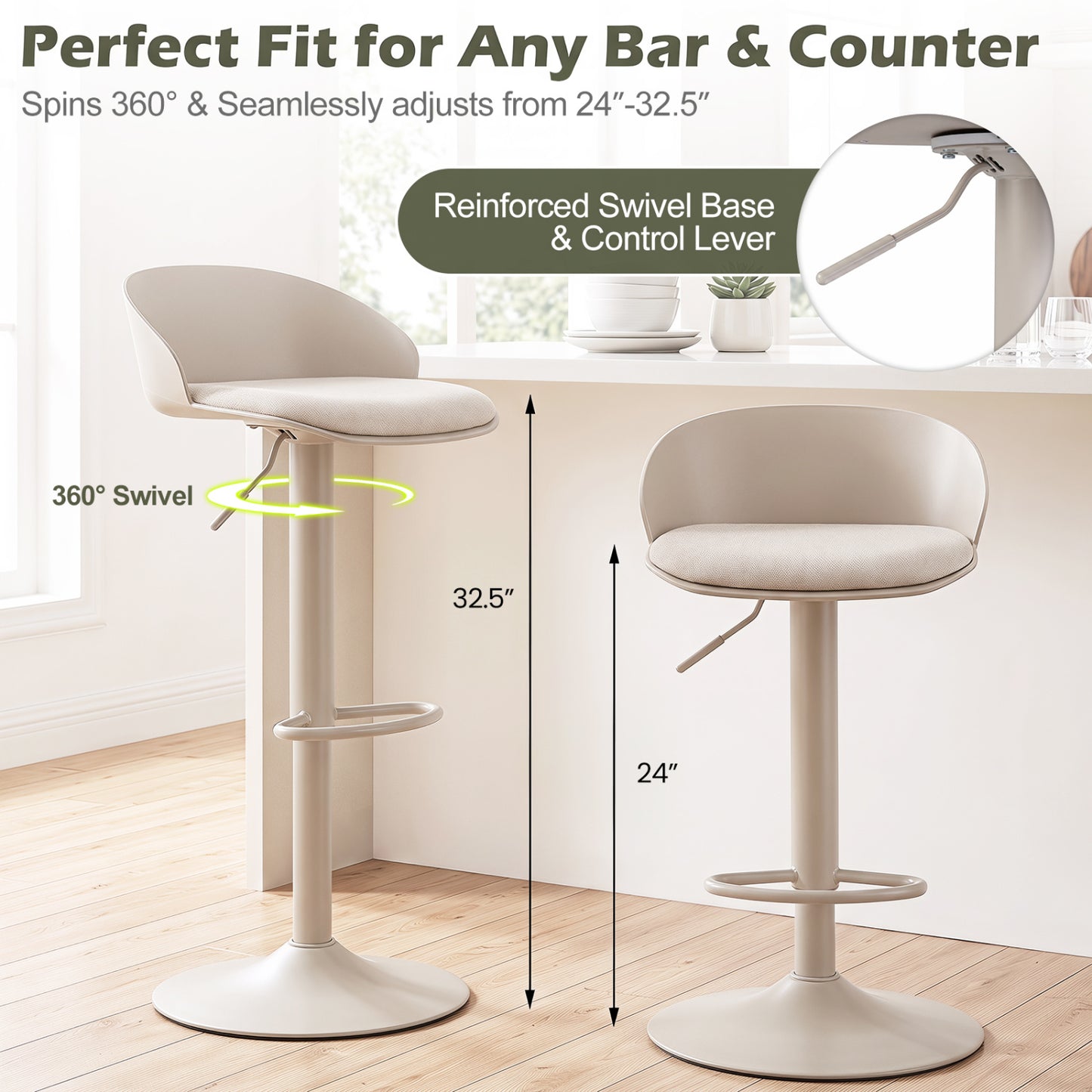 Set of 4 Adjustable Swivel Bar Stools w/ Back & Footrest 330 LBS for Dining-Cream