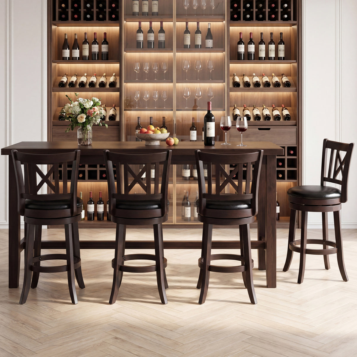Set of 4 Wilsons Home Store swivel bar stools with hollowed backrest and footrest, 26-inch height, modern kitchen and dining furniture