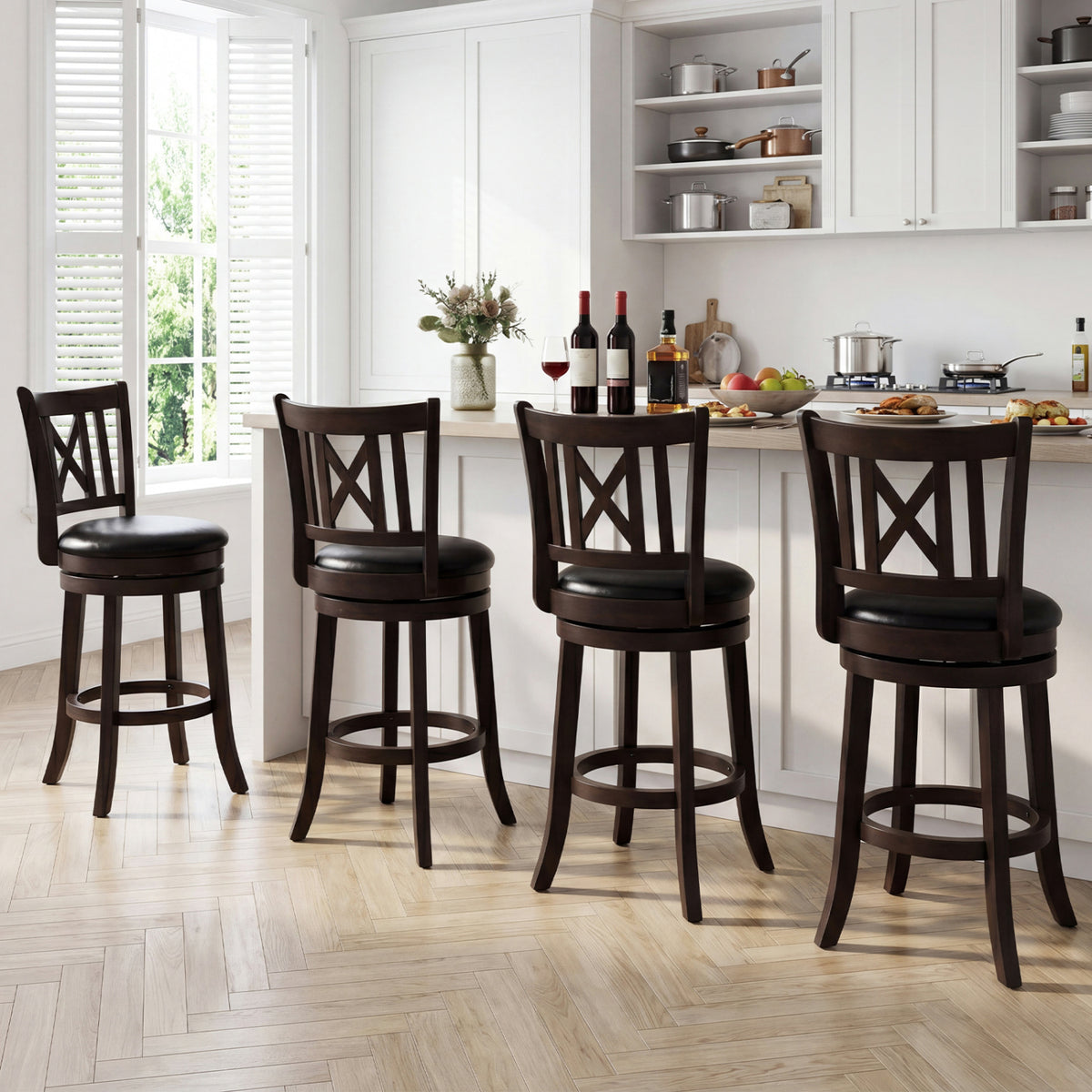 Set of 4 Wilsons Home Store swivel bar stools with hollowed backrest and footrest, 26 inches tall for kitchen or dining area.