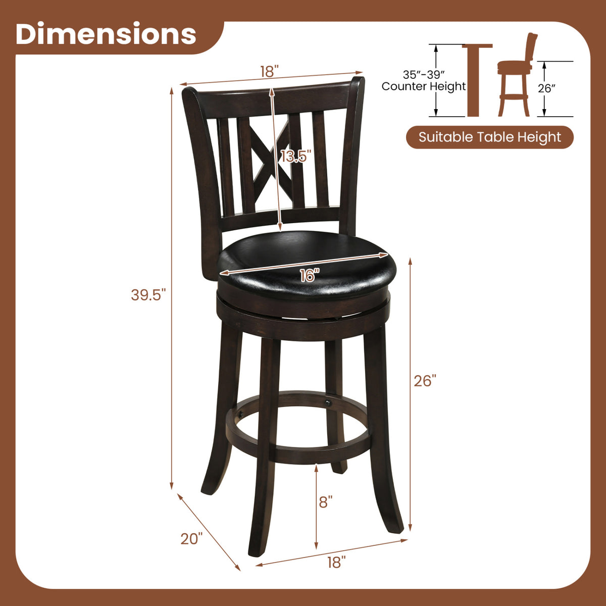 Set of 4 Wilsons Home Store swivel bar stools with hollowed backrest and footrest, 26 inches tall, for kitchen or dining space.
